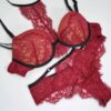 Lingerie. Bra and panties - red burgundy lace sexy set of women's underwear on a white background. A fashionable element of a woman's wardrobe.